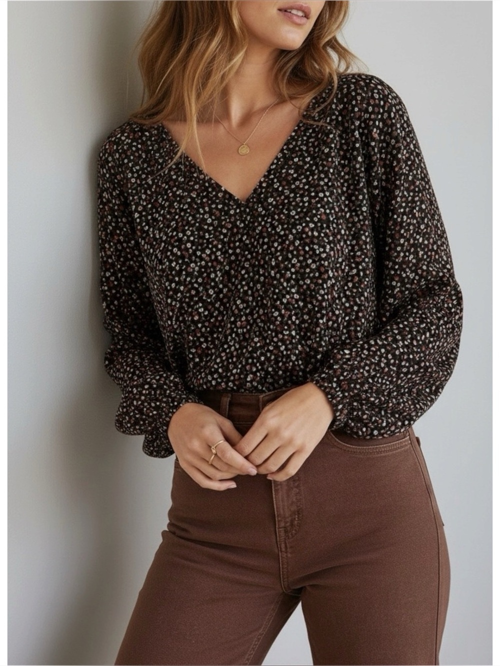SÉZANE Erica Blouse, Black Mini Flowers, FR46/US14